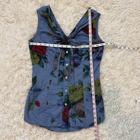 LOVE MOSCHINO BLUE COTTON FLORAL PRINT SLEEVELESS TOP BOW TIE BUTTON UP SZ 8 - Picture 6 of 8